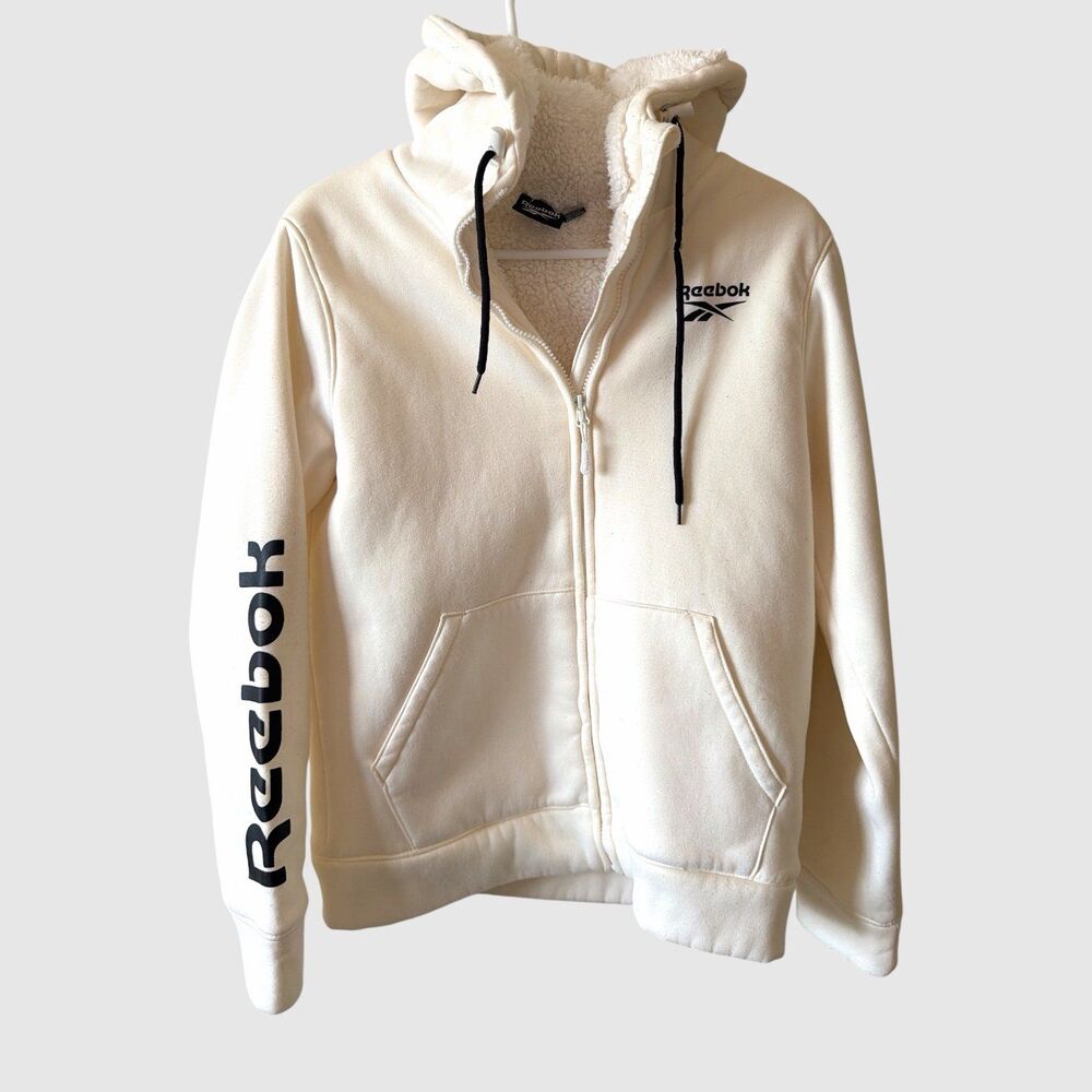 Reebok Women's Fleece Jacket Sherpa-Lined Cream Logo Sleeve Size Medium